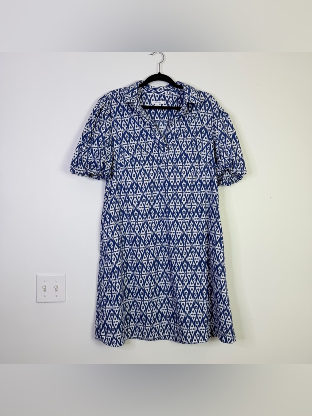 Chico's | Blue & White Geometric Short Puff Sleeve Dress 2 (L)